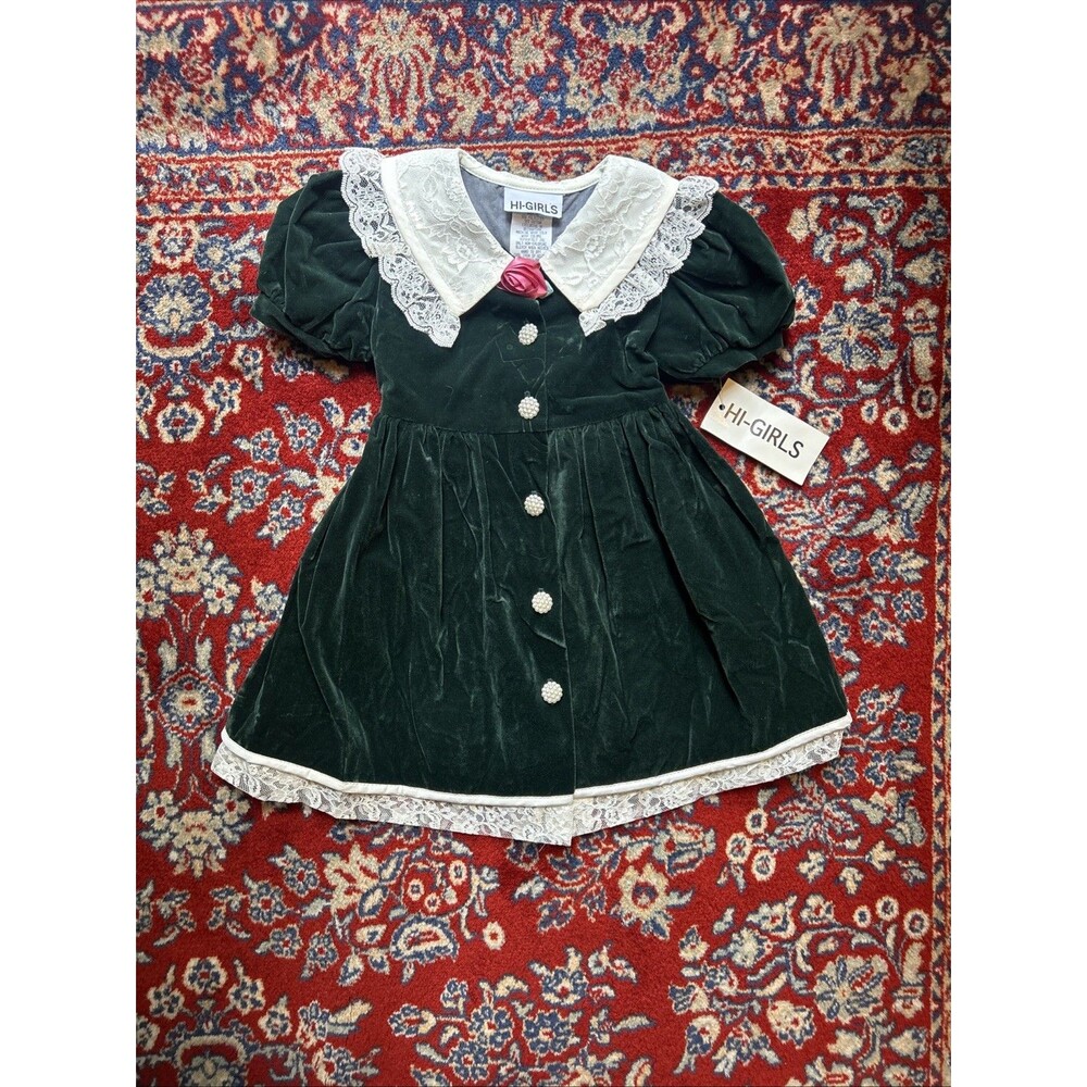 Vintage Hi- Girls Green Velvet Floral Baby Dress Lace 4T Deadstock NWT